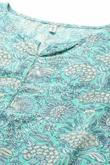 Sea Green Pure Cotton Screen Print And Floral Print Pant Suit Set