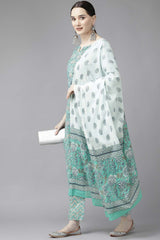 Sea Green Pure Cotton Screen Print And Floral Print Pant Suit Set