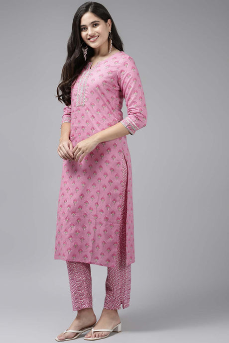 Pink Pure Cotton Bijia Lace And Sequence Hand Pant Suit Set