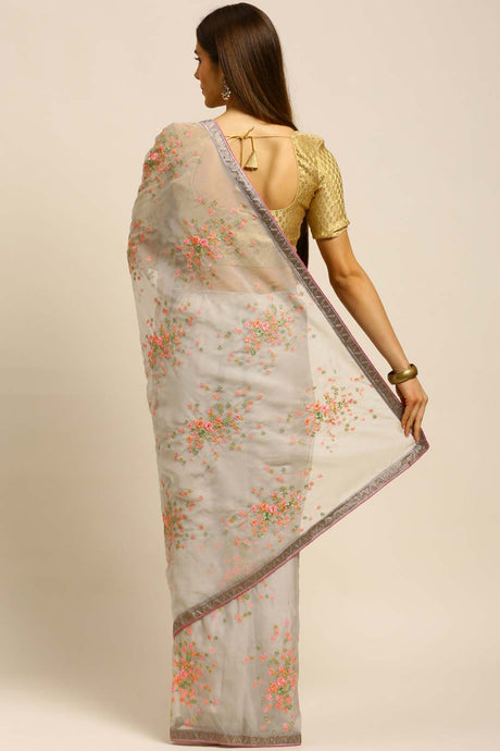 Organza Embroidered Saree In Grey