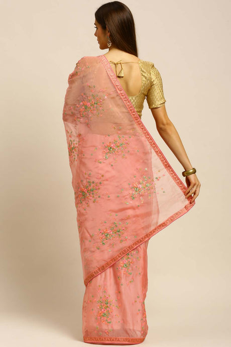 Organza Embroidered Saree In Peach