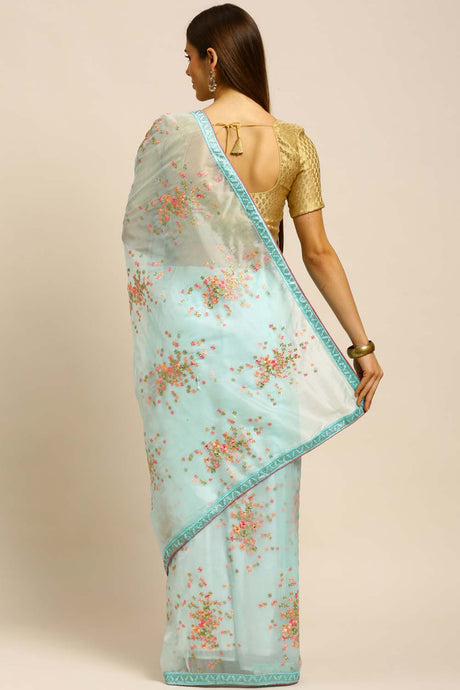 Organza Embroidered Saree In Sky-Blue