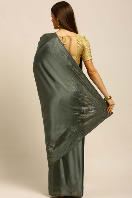 Satin Diamond Work Saree In Grey