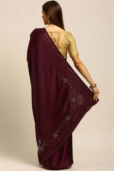 Satin Diamond Work Saree In Maroon