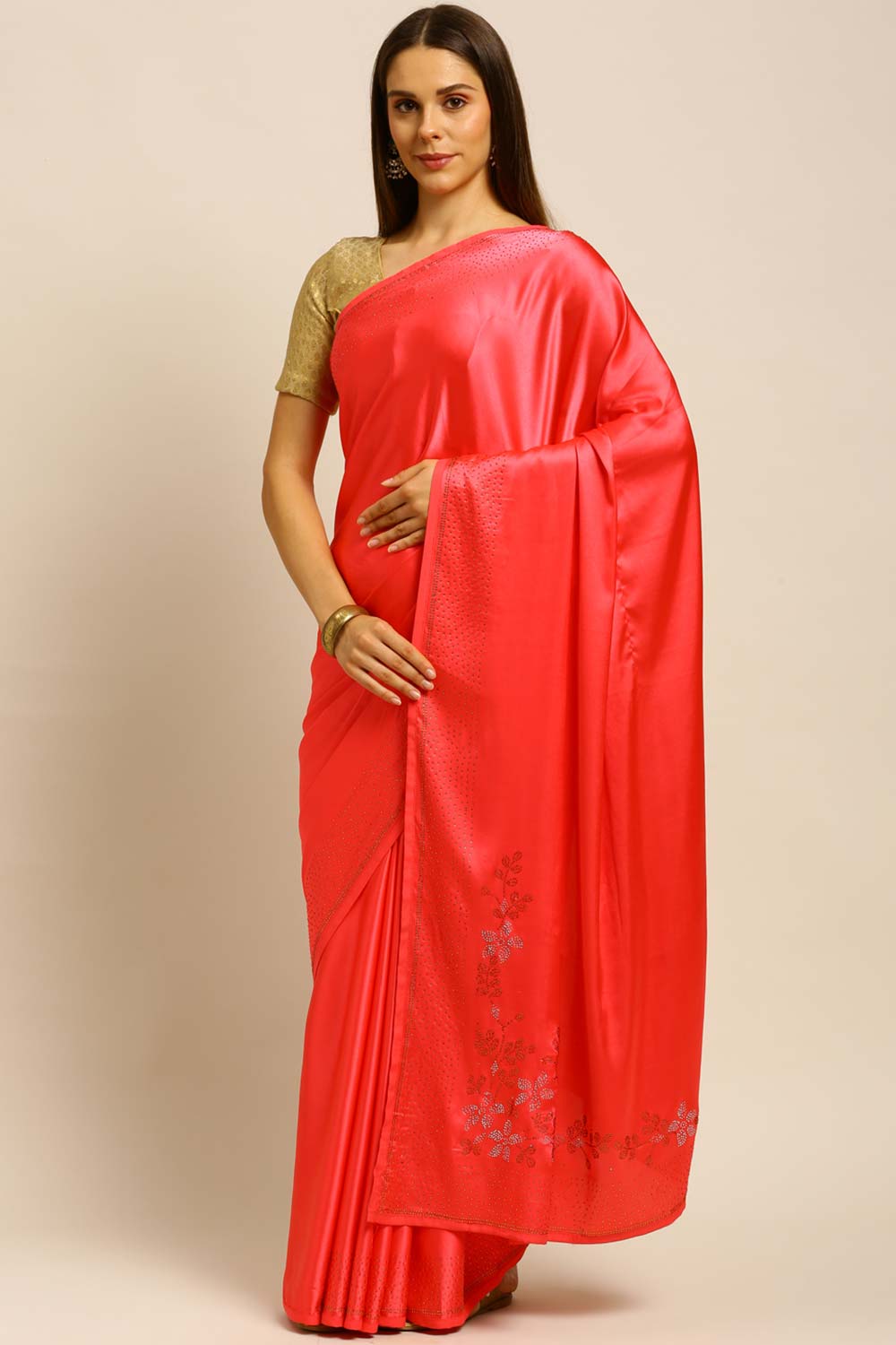 Satin Diamond Work Saree In Pink