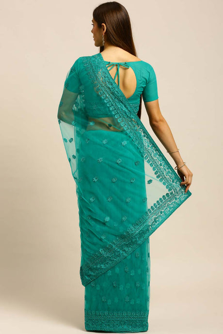 Net Embroidered Saree In Sky Blue