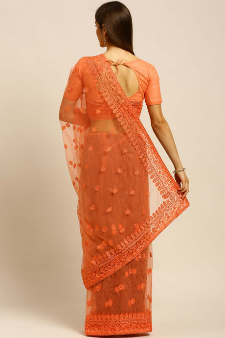 Net Embroidered Saree In Peach