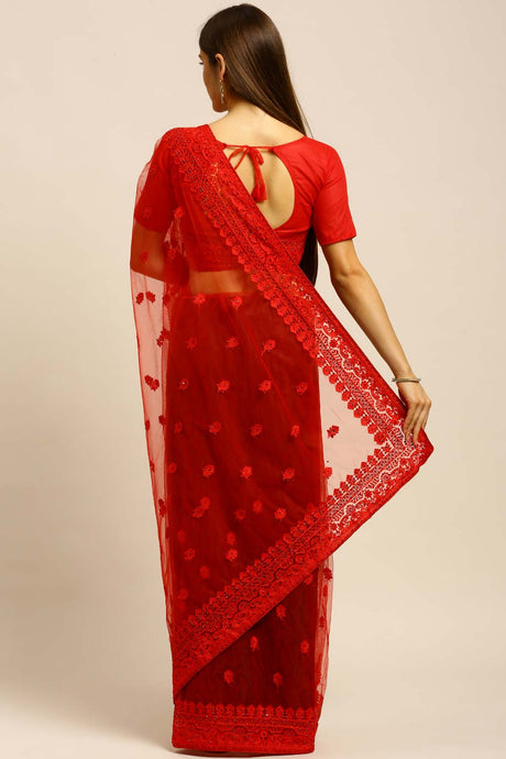 Net Embroidered Saree in Red