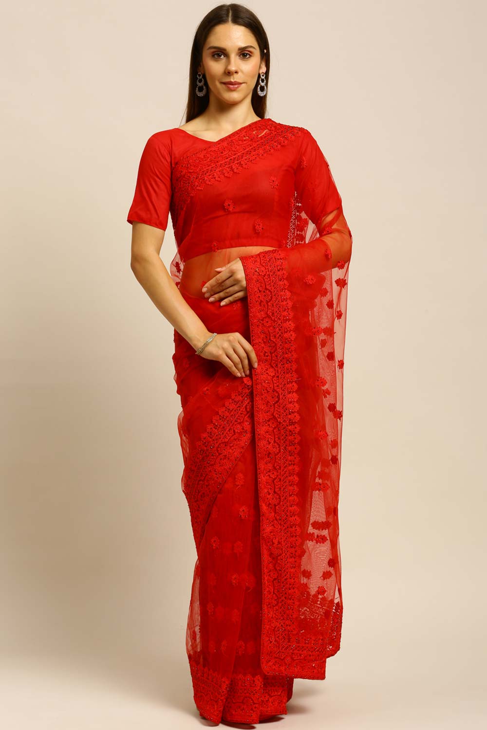 Net Embroidered Saree In Red