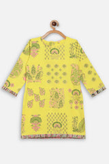 Buy Girl Rayon Printed Kurta Set in Yellow Online - Front