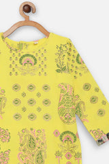 Buy Girl Rayon Printed Kurta Set in Yellow Online - Side