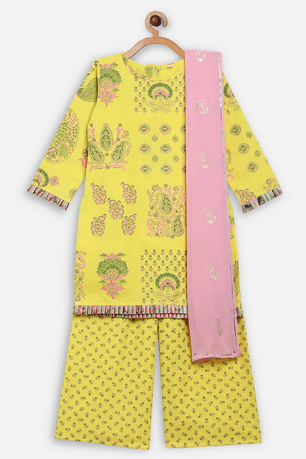 Buy Girl Rayon Printed Kurta Set in Yellow Online