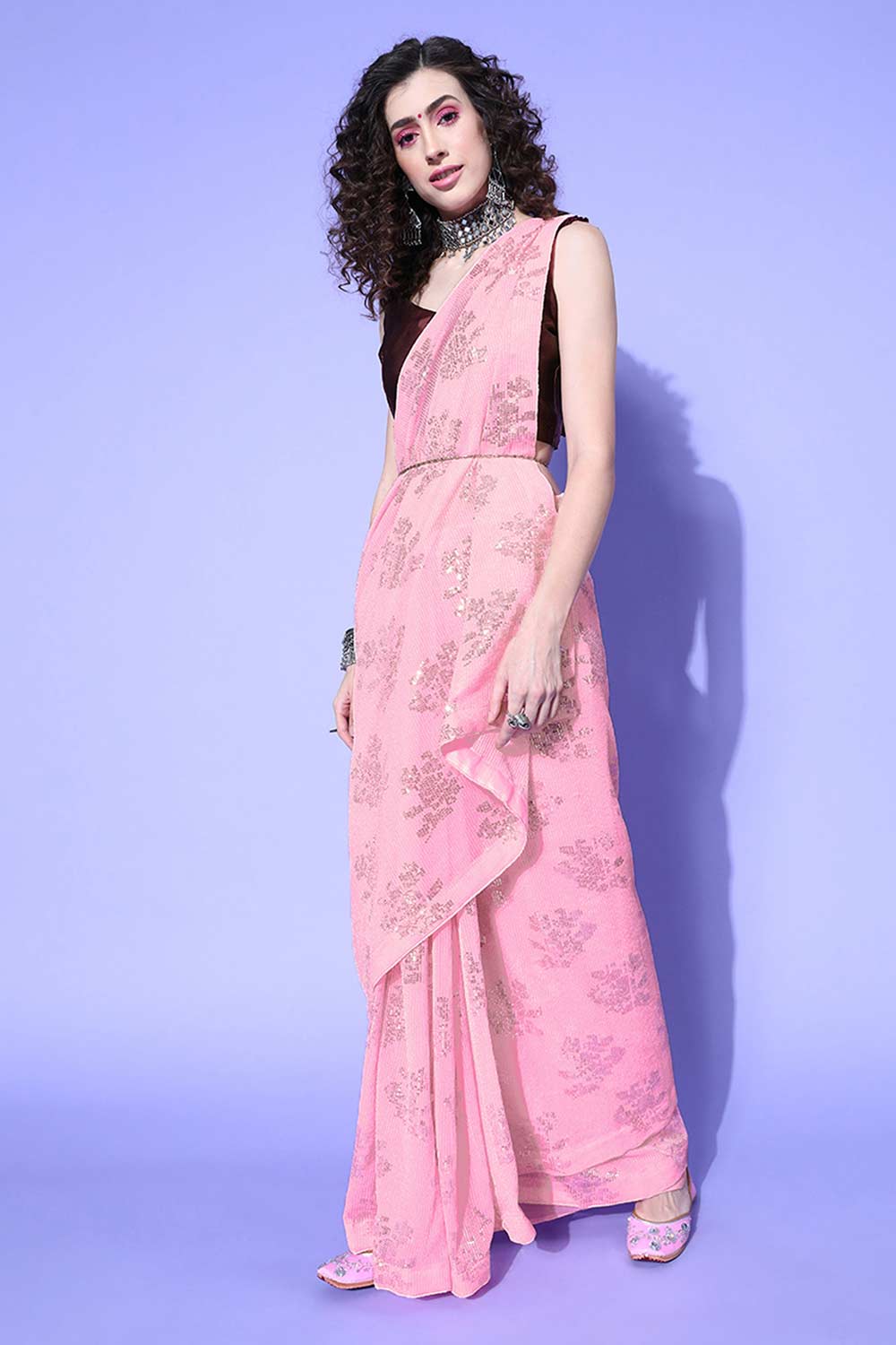 Buy Pink Georgette Solid Embroidered Saree Online