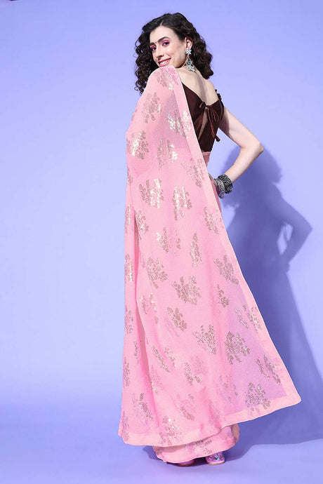 Buy Pink Georgette Solid Embroidered Saree Online - Back