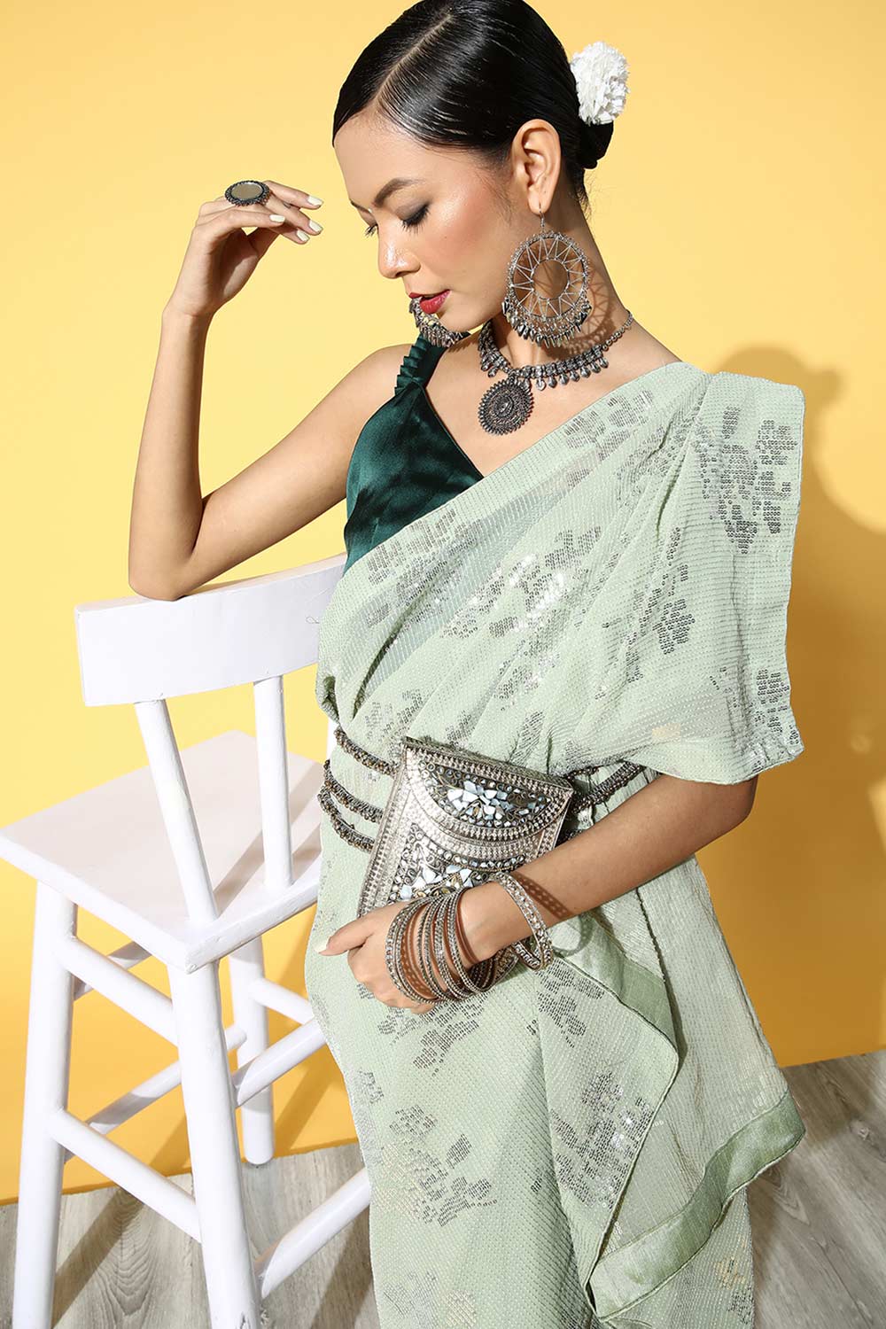 Buy Olive Georgette Solid Embroidered Saree Online - Side