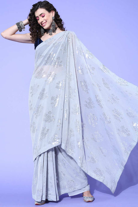 Buy Grey Georgette Solid Embroidered Saree Online