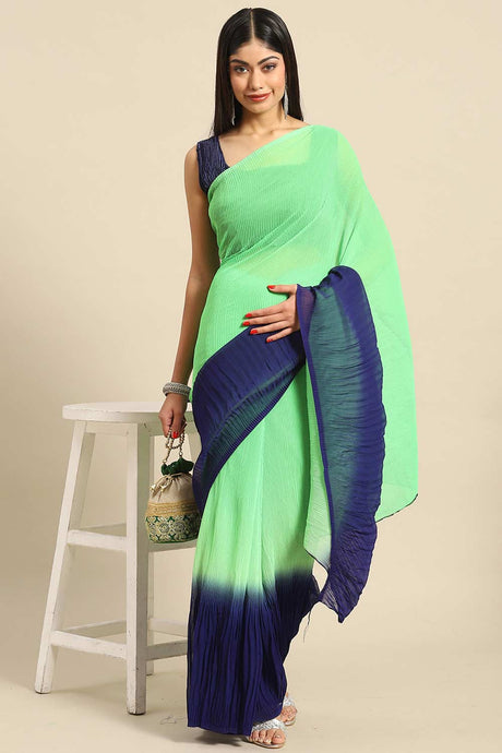 Buy Green Crepe Pleated Saree Online