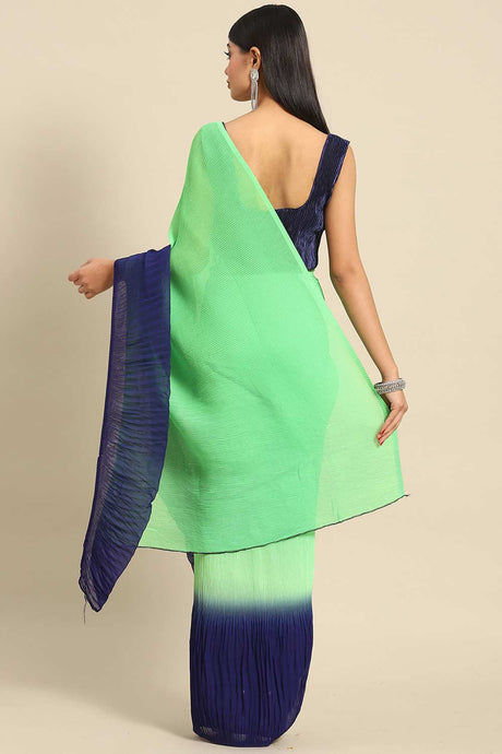Buy Green Crepe Pleated Saree Online - Back