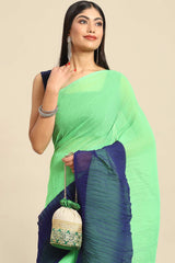 Buy Green Crepe Pleated Saree Online - Front