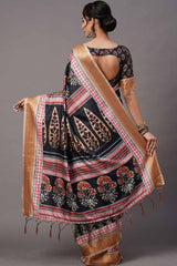 Buy Silk Blend Ikat Saree in Black Online - Back