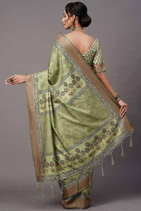 Buy Silk Blend Bagh Block Print Saree in Olive Online - Back