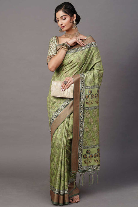 Buy Silk Blend Bagh Block Print Saree in Olive Online