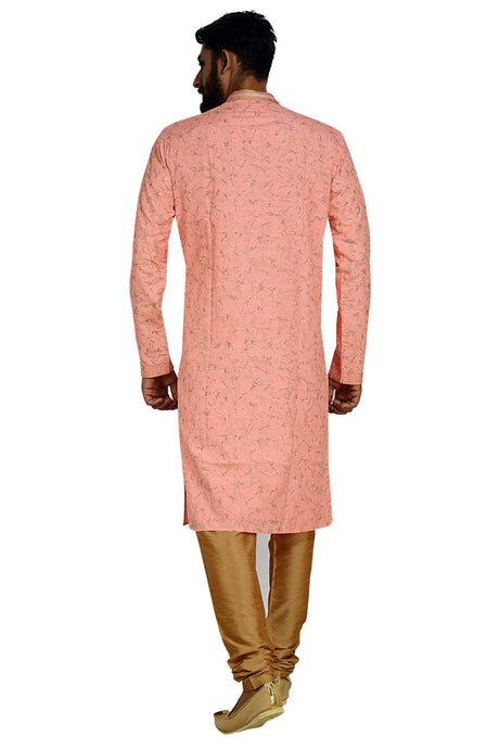 Men's Dhupion Art Silk Printed Kurta with Pajama in Pink