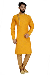 Men's Dhupion Art Silk Printed Kurta With Pajama In Yellow