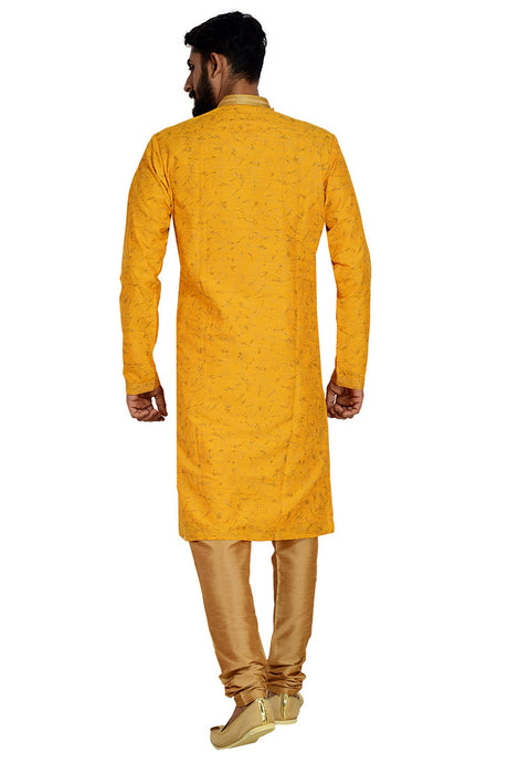 Men's Dhupion Art Silk Printed Kurta with Pajama in Yellow