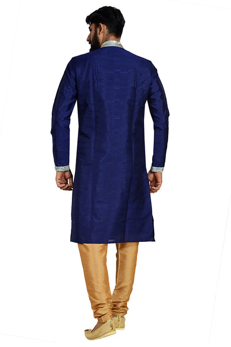 Men's Dhupion Art Silk Printed Kurta with Pajama in Blue