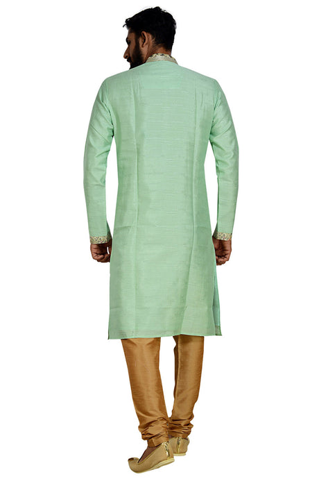 Men's Dhupion Art Silk Printed Kurta with Pajama in Light Green