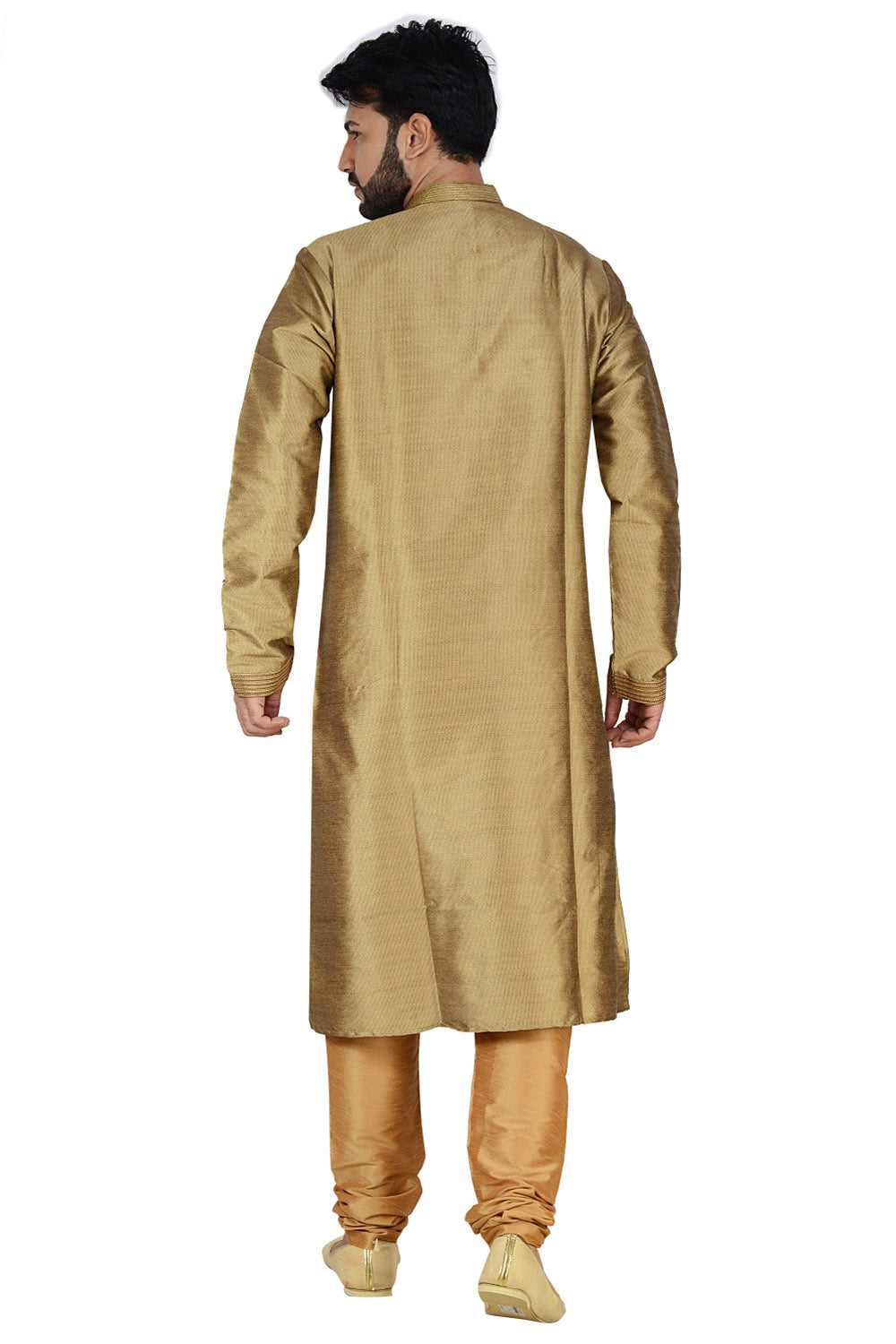 Men's Dhupion Silk Solid Kurta With Pajama In Gold Copper