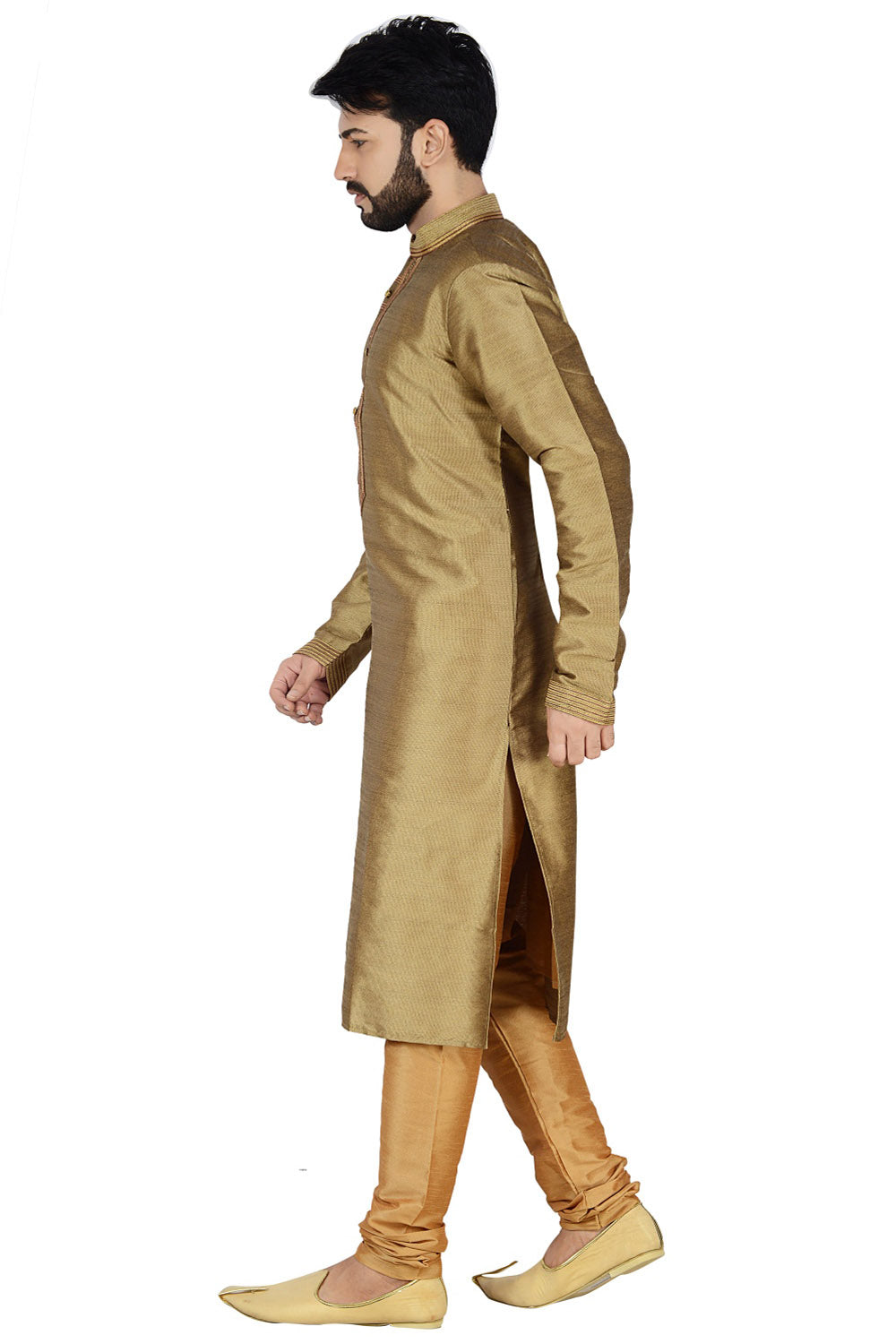 Men's Dhupion Silk Solid Kurta With Pajama In Gold Copper