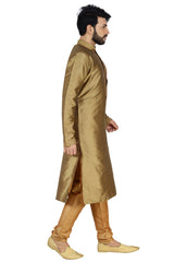 Men's Dhupion Silk Solid Kurta With Pajama In Gold Copper