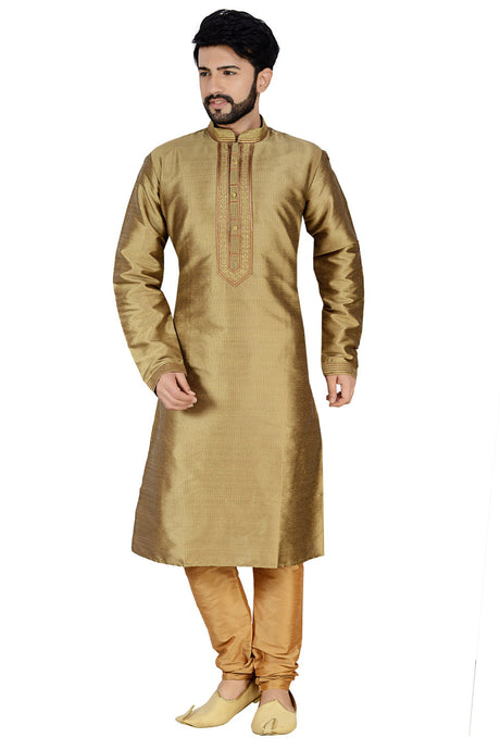 Atool Men's Dhupion Silk Solid Kurta with Pyjama in Gold Copper