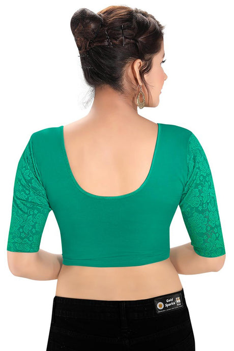 Rama Green Cotton Lycra Blend Stretchable Non-Padded Elbow Sleeves Saree Blouse