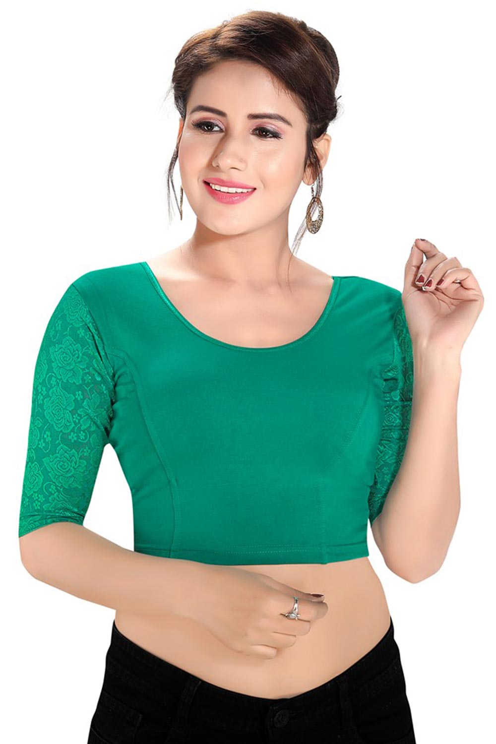 Rama Green Cotton Lycra Blend Stretchable Non-Padded Elbow Sleeves Saree Blouse