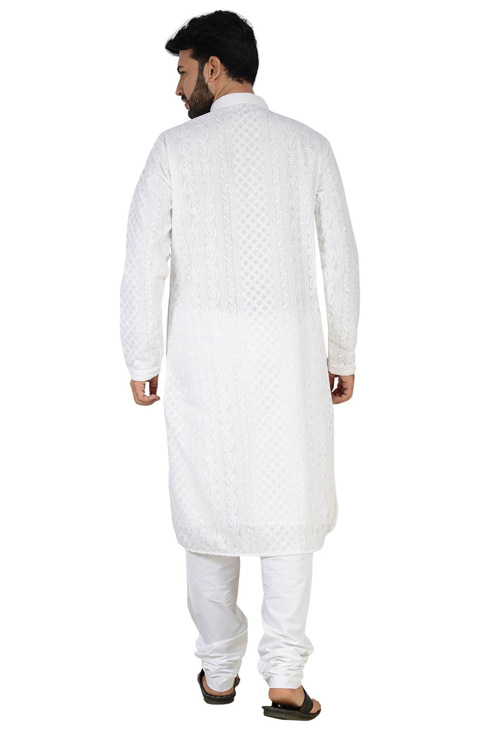 Men's Georgette Printed Kurta with Pajama in White