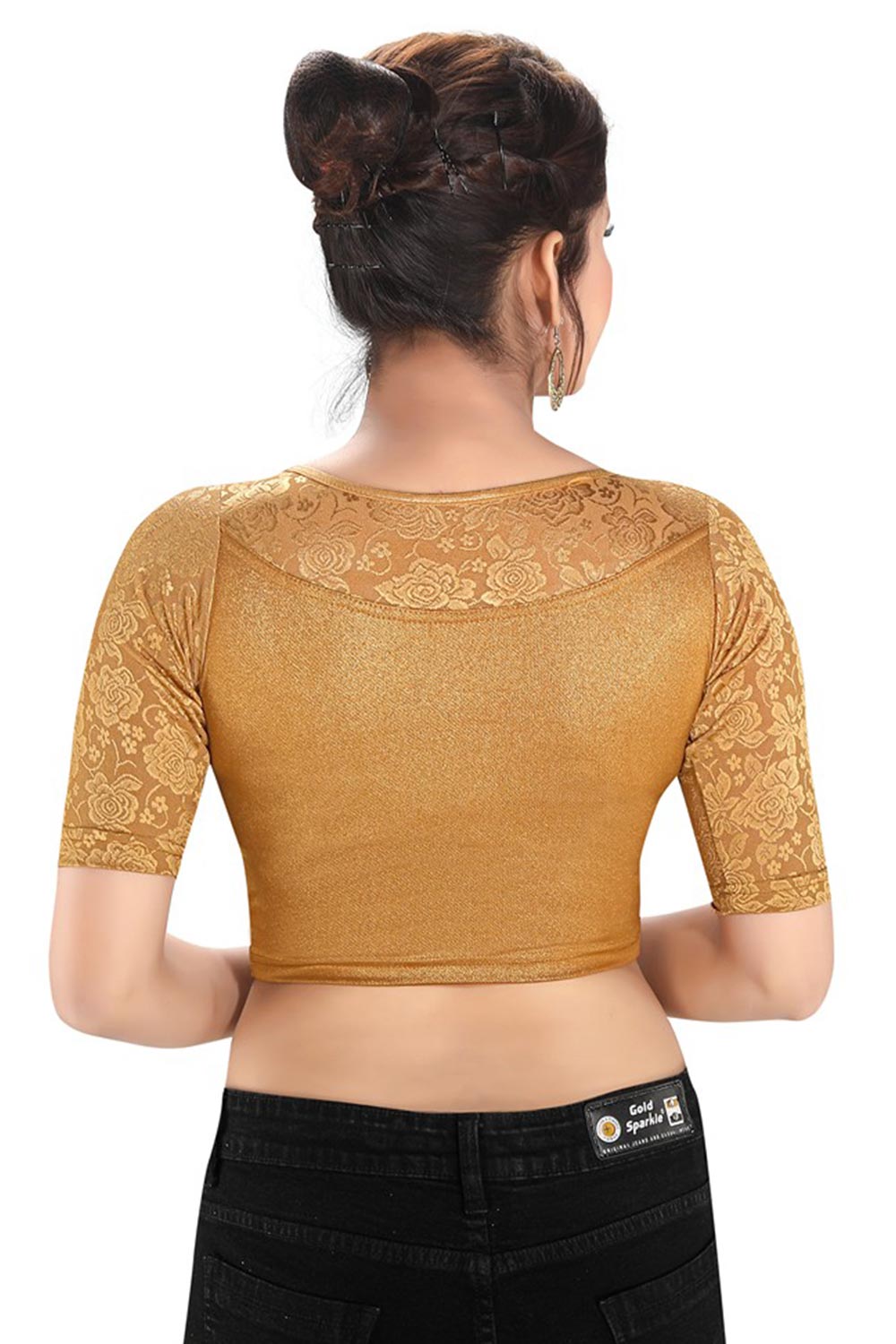 Copper Polyester Stretchable Non-Padded Elbow Sleeves Saree Blouse