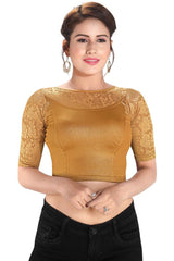 Copper Polyester Stretchable Non-Padded Elbow Sleeves Saree Blouse