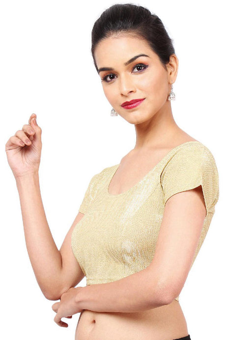 Gold Polyester Stretchable Non-Padded Short Sleeves Saree Blouse