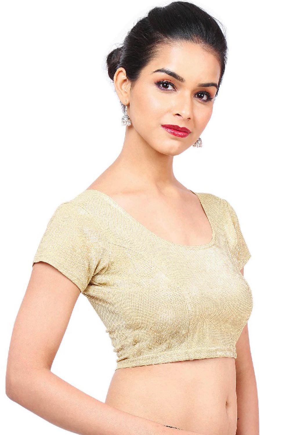 Gold Polyester Stretchable Non-Padded Short Sleeves Saree Blouse