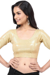 Gold Polyester Stretchable Non-Padded Elbow Sleeves Saree Blouse