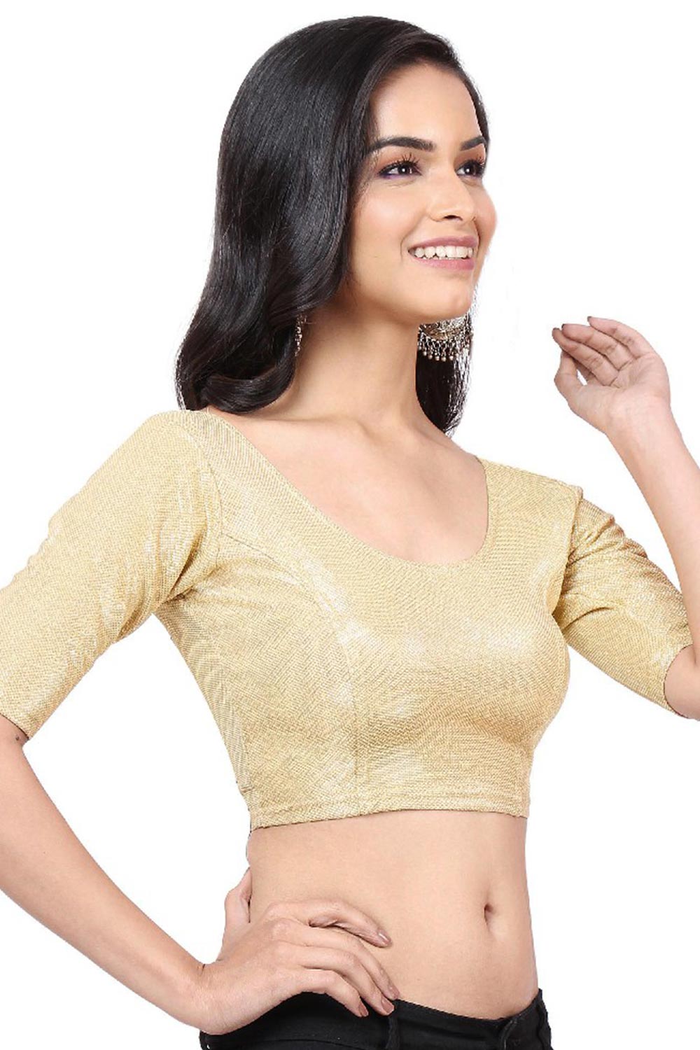 Gold Polyester Stretchable Non-Padded Elbow Sleeves Saree Blouse