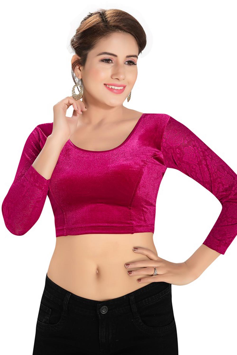 Magenta Velvet Stretchable Non-Padded Full Sleeves Saree Blouse