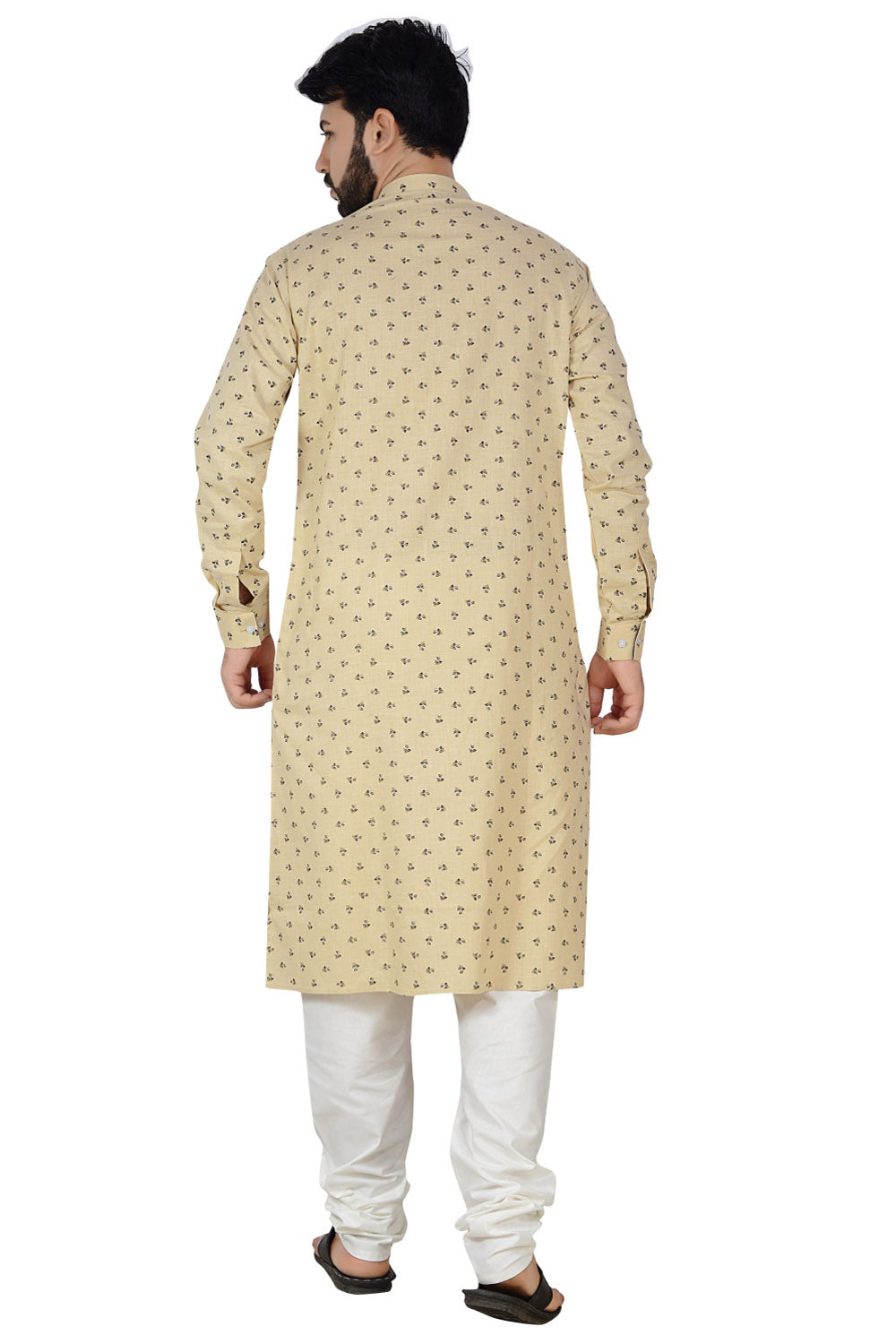 Men's Cotton Linen Printed Kurta With Pajama In Beige