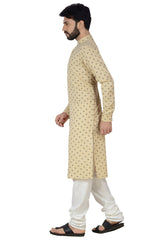 Men's Cotton Linen Printed Kurta With Pajama In Beige