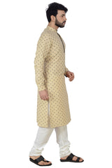 Men's Cotton Linen Printed Kurta With Pajama In Beige