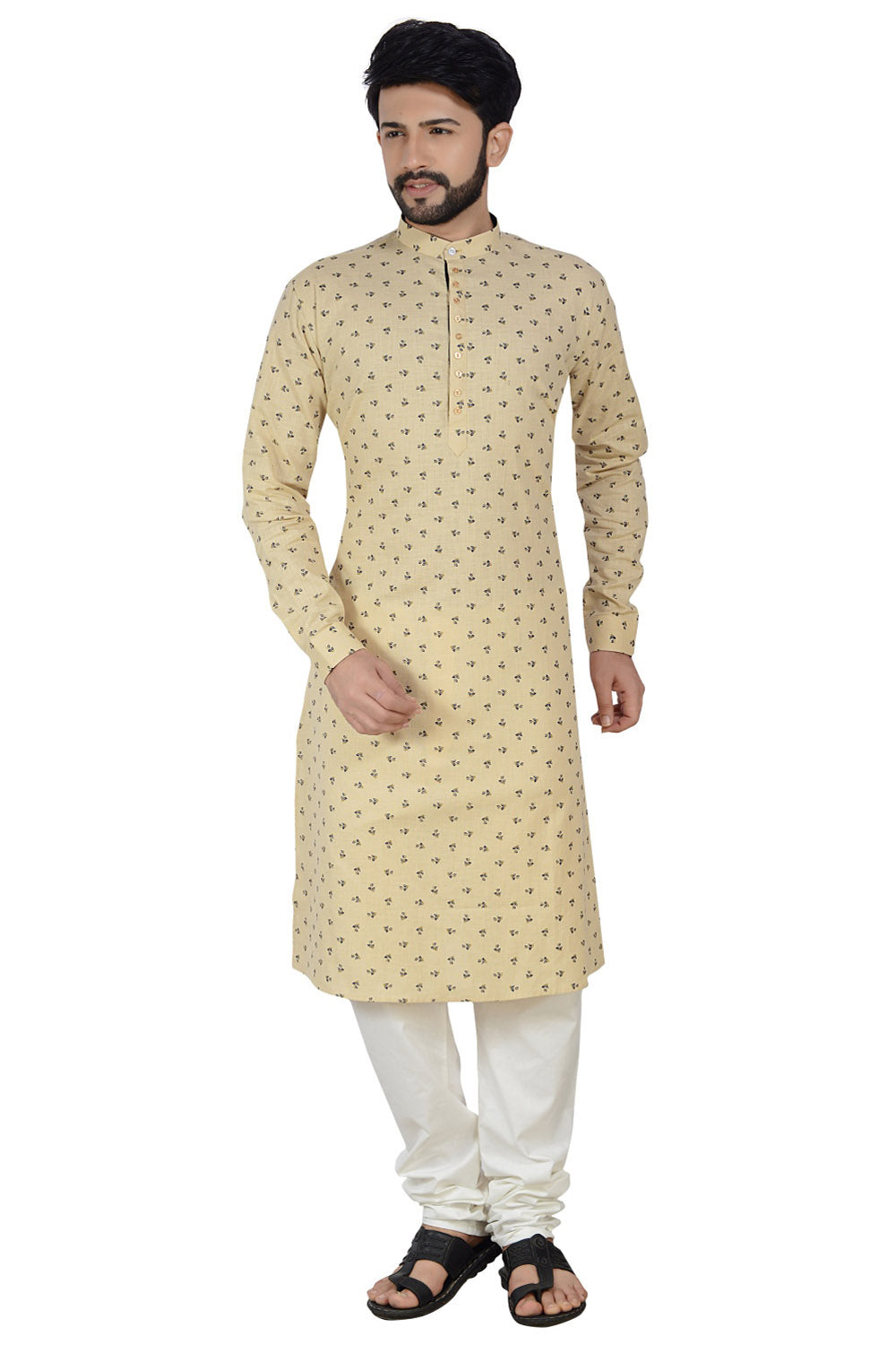 Atool Men's Cotton Linen Printed Kurta with Pyjama in Brown