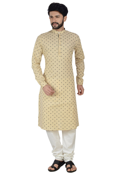 Atool Men's Cotton Linen Printed Kurta with Pyjama in Brown